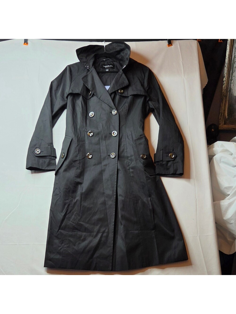 London Fog Black Double Breasted Hooded Trench Coat Women's Size L NWOT
